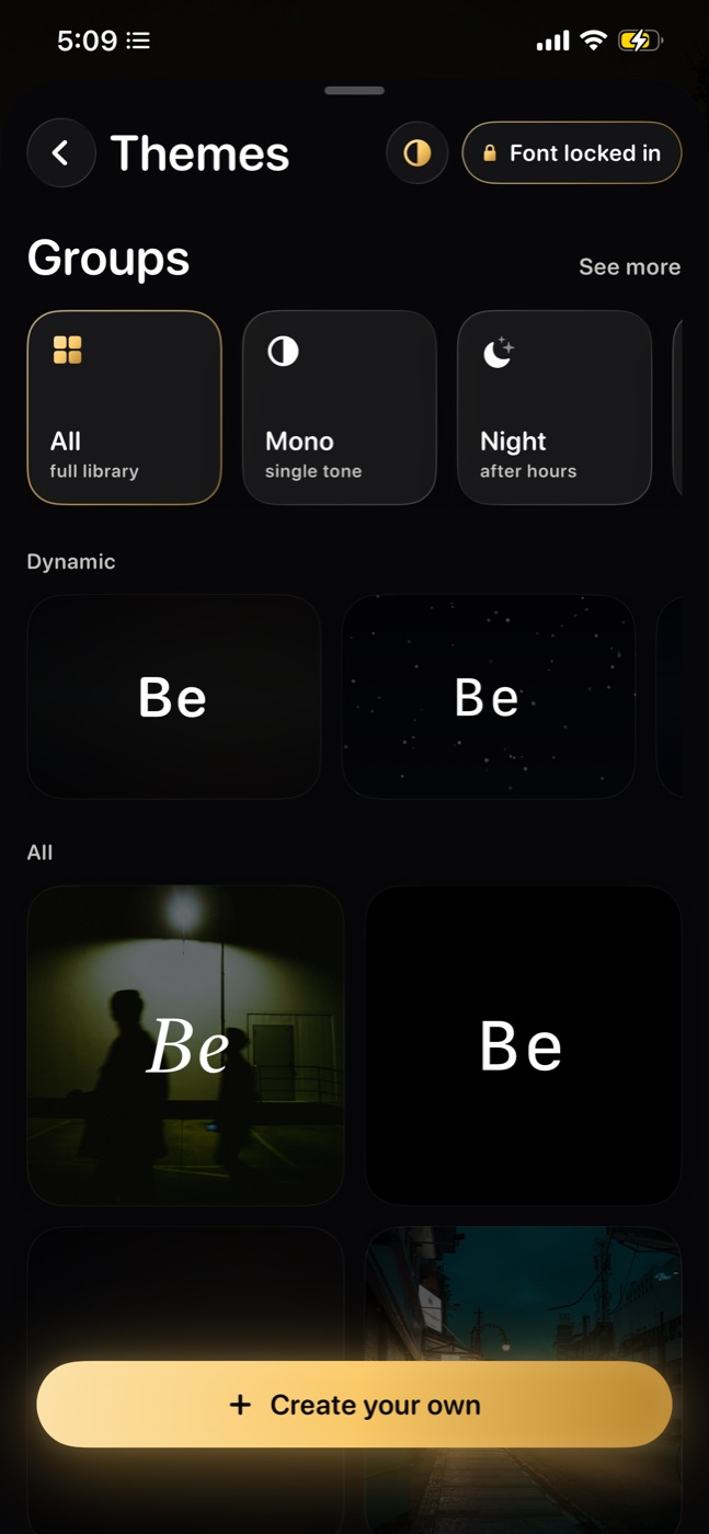 Become Themes screen with theme groups and grid