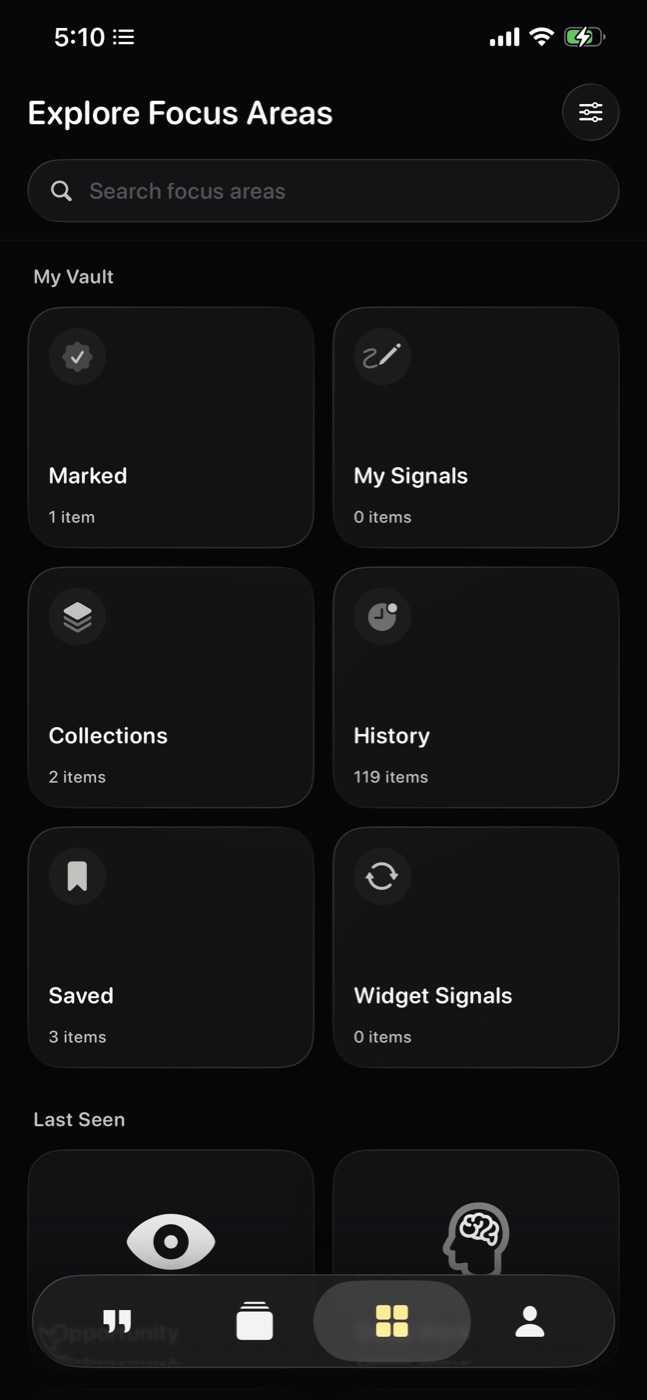 Become Vault screen with saved and marked Signals